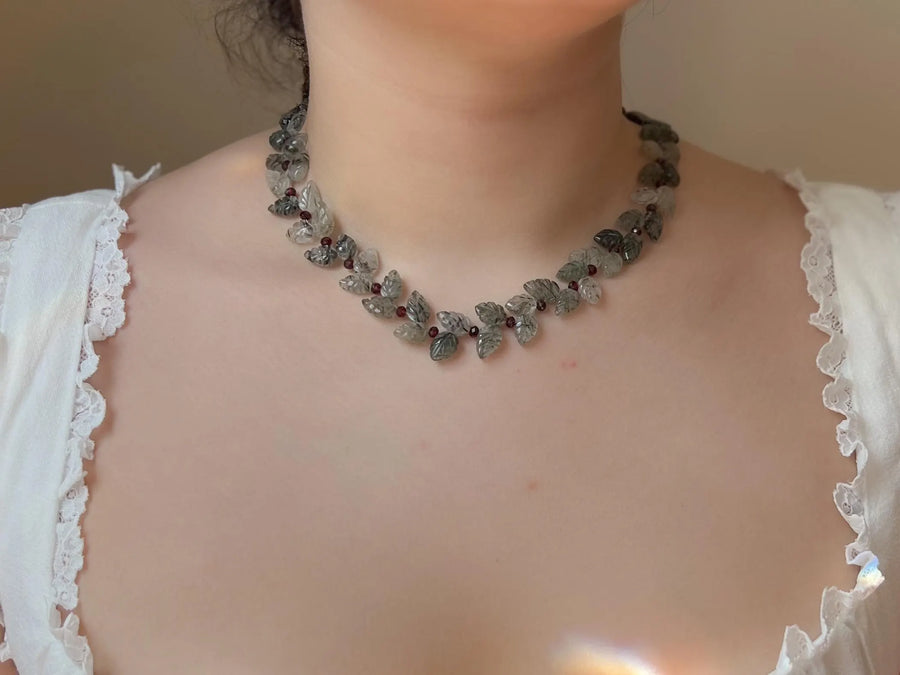 Green Rutilated Quartz Leaves Necklace, Garnet Accents, Boho Jewelry