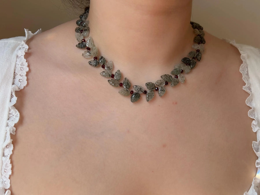 Green Rutilated Quartz Leaves Necklace, Garnet Accents, Boho Jewelry