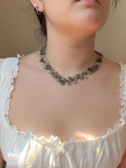 Green Rutilated Quartz Leaves Necklace, Garnet Accents, Boho Jewelry