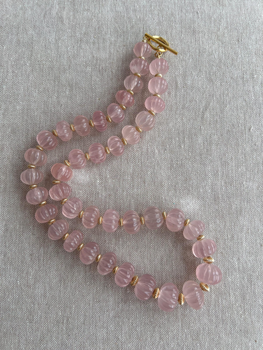 Carved Rose Quartz Pumpkin Necklace: 14k Gold Filled Accents, Statement Jewelry