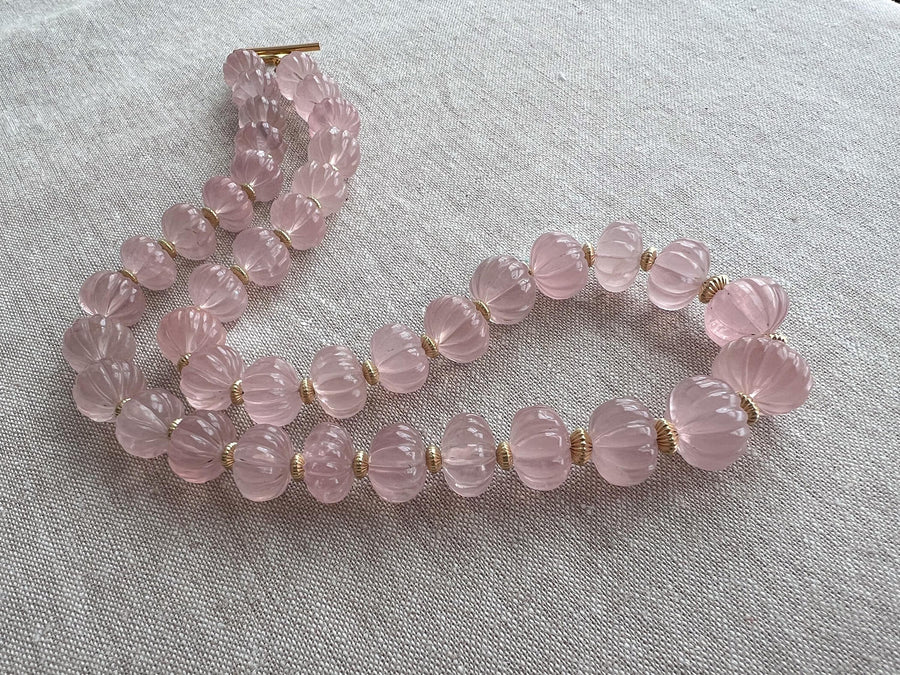Carved Rose Quartz Pumpkin Necklace: 14k Gold Filled Accents, Statement Jewelry
