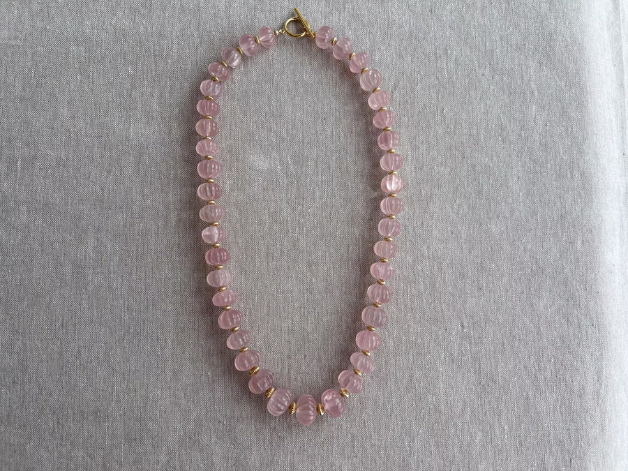Carved Rose Quartz Pumpkin Necklace: 14k Gold Filled Accents, Statement Jewelry