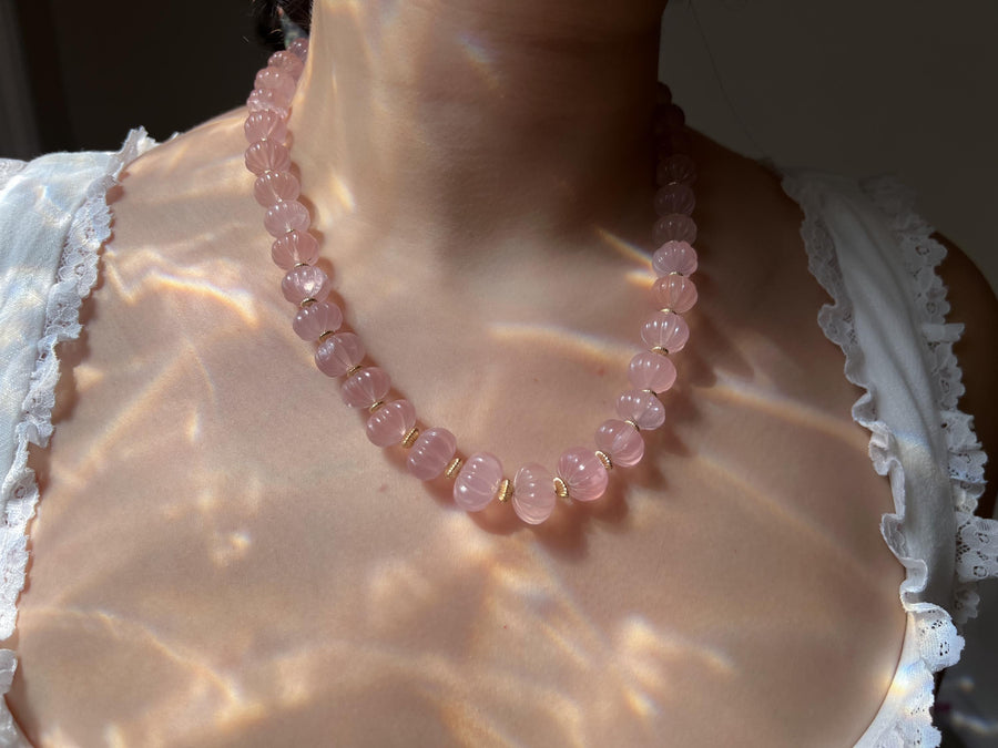 Carved Rose Quartz Pumpkin Necklace: 14k Gold Filled Accents, Statement Jewelry