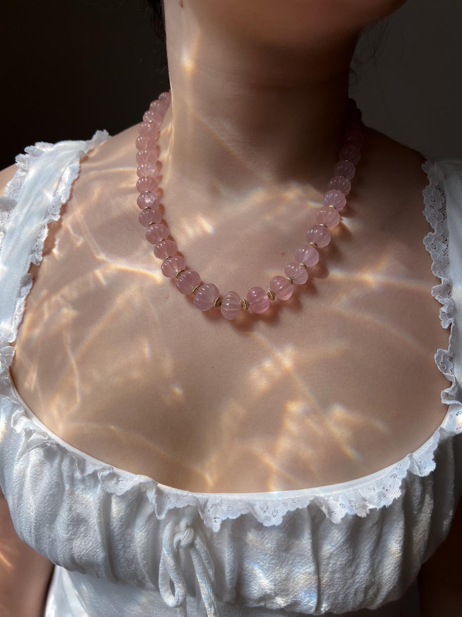 Carved Rose Quartz Pumpkin Necklace: 14k Gold Filled Accents, Statement Jewelry
