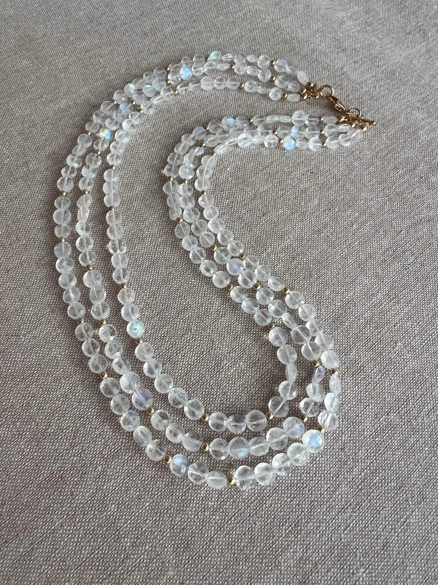 Rainbow Moonstone Triple Strand Necklace, 14k Gold Filled Accents, Boho