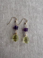 Lemon Quartz and Amethyst Dangle Earrings, Carved Honeycomb Gemstones, Boho Earrings