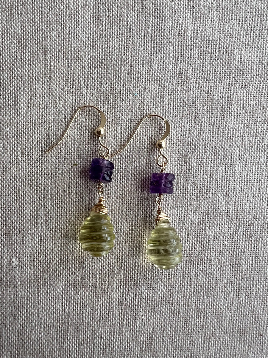 Lemon Quartz and Amethyst Dangle Earrings, Carved Honeycomb Gemstones, Boho Earrings