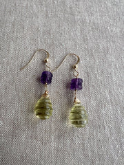 Lemon Quartz and Amethyst Dangle Earrings, Carved Honeycomb Gemstones, Boho Earrings