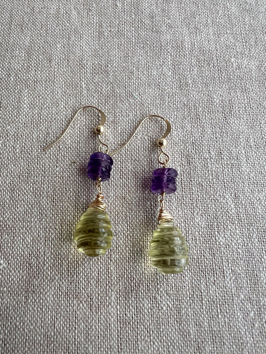 Lemon Quartz and Amethyst Dangle Earrings, Carved Honeycomb Gemstones, Boho Earrings