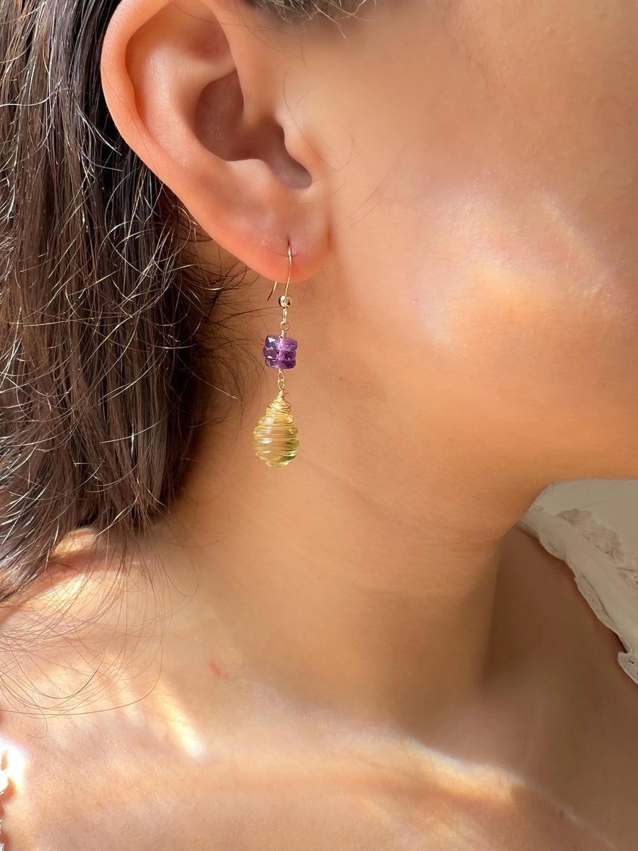 Lemon Quartz and Amethyst Dangle Earrings, Carved Honeycomb Gemstones, Boho Earrings