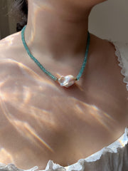 Apatite Necklace: Baroque Pearl Accent, 14k Gold Filled, Soft Blue Color