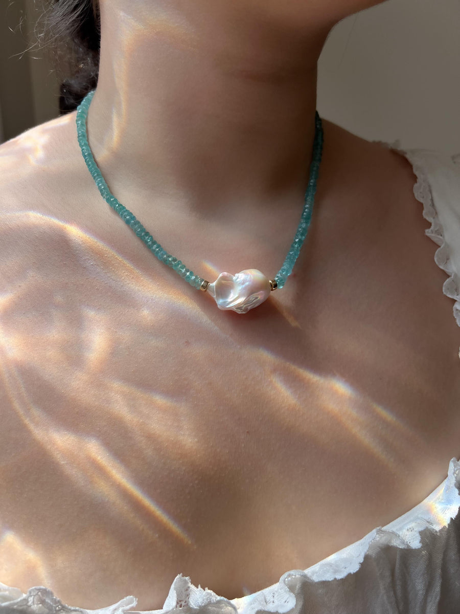 Apatite Necklace: Baroque Pearl Accent, 14k Gold Filled, Soft Blue Color