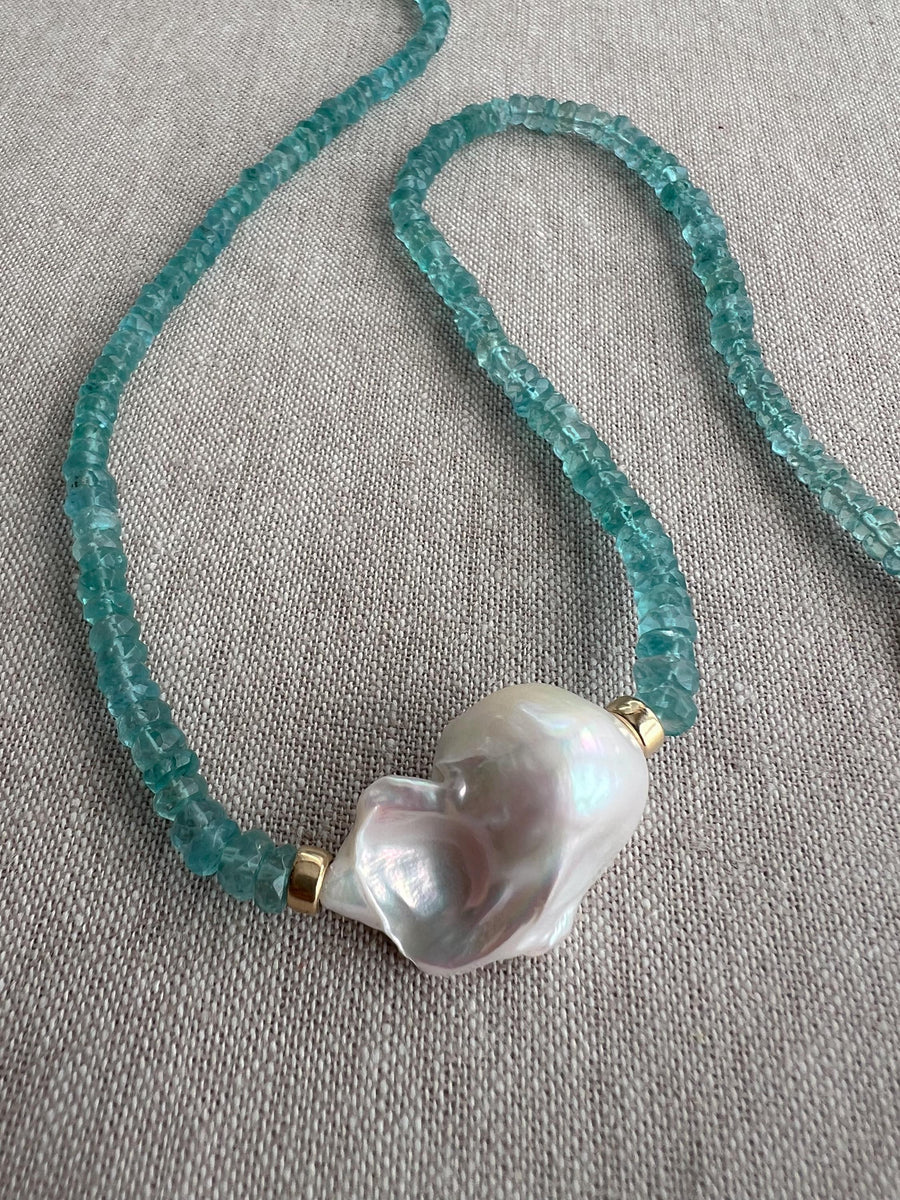 Apatite Necklace: Baroque Pearl Accent, 14k Gold Filled, Soft Blue Color