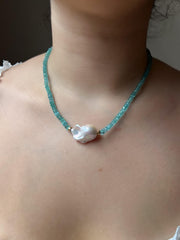 Apatite Necklace: Baroque Pearl Accent, 14k Gold Filled, Soft Blue Color