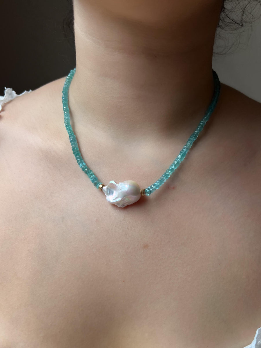 Apatite Necklace: Baroque Pearl Accent, 14k Gold Filled, Soft Blue Color
