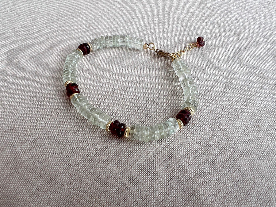 Prasiolite Heishi Bracelet with Garnet Accents, Gemstone Boho Bracelet, 14k Gold Filled