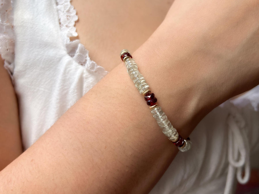 Prasiolite Heishi Bracelet with Garnet Accents, Gemstone Boho Bracelet, 14k Gold Filled