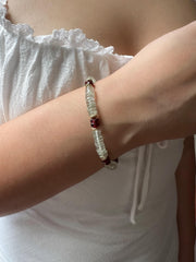 Prasiolite Heishi Bracelet with Garnet Accents, Gemstone Boho Bracelet, 14k Gold Filled