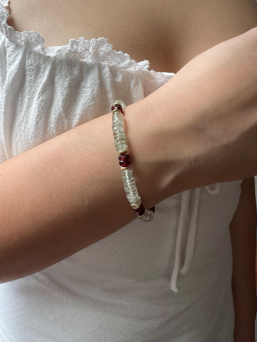 Prasiolite Heishi Bracelet with Garnet Accents, Gemstone Boho Bracelet, 14k Gold Filled
