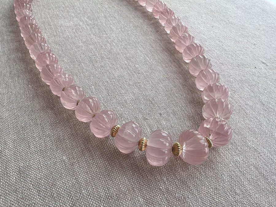 Carved Rose Quartz Pumpkin Necklace: 14k Gold Filled Accents, Statement Jewelry