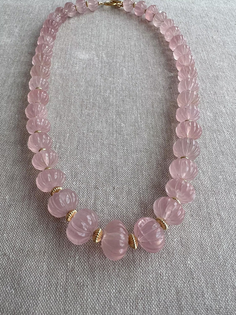 Carved Rose Quartz Pumpkin Necklace: 14k Gold Filled Accents, Statement Jewelry