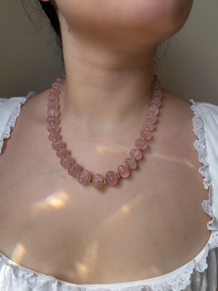 Carved Rose Quartz Pumpkin Necklace: 14k Gold Filled Accents, Statement Jewelry