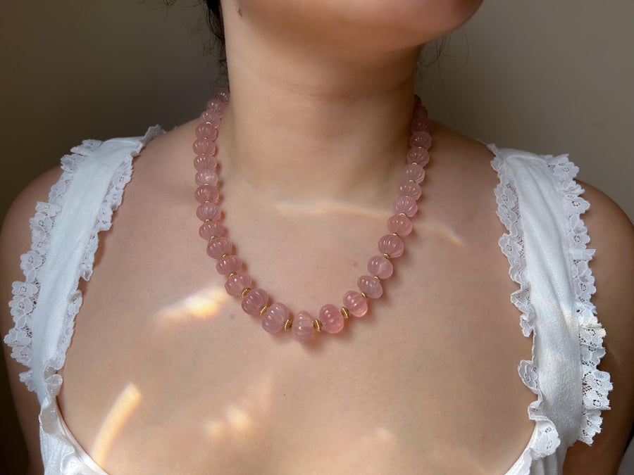 Carved Rose Quartz Pumpkin Necklace: 14k Gold Filled Accents, Statement Jewelry