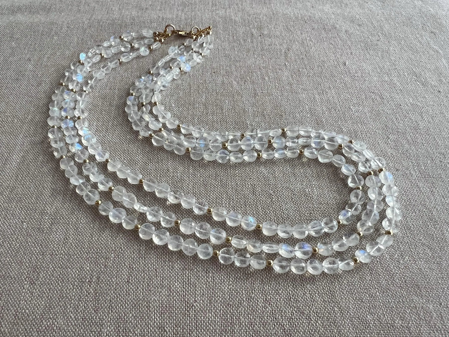 Rainbow Moonstone Triple Strand Necklace, 14k Gold Filled Accents, Boho