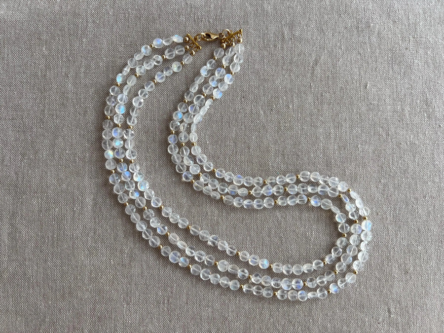Rainbow Moonstone Triple Strand Necklace, 14k Gold Filled Accents, Boho