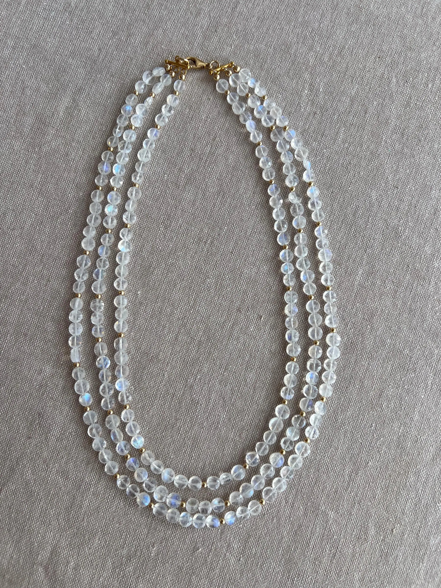 Rainbow Moonstone Triple Strand Necklace, 14k Gold Filled Accents, Boho