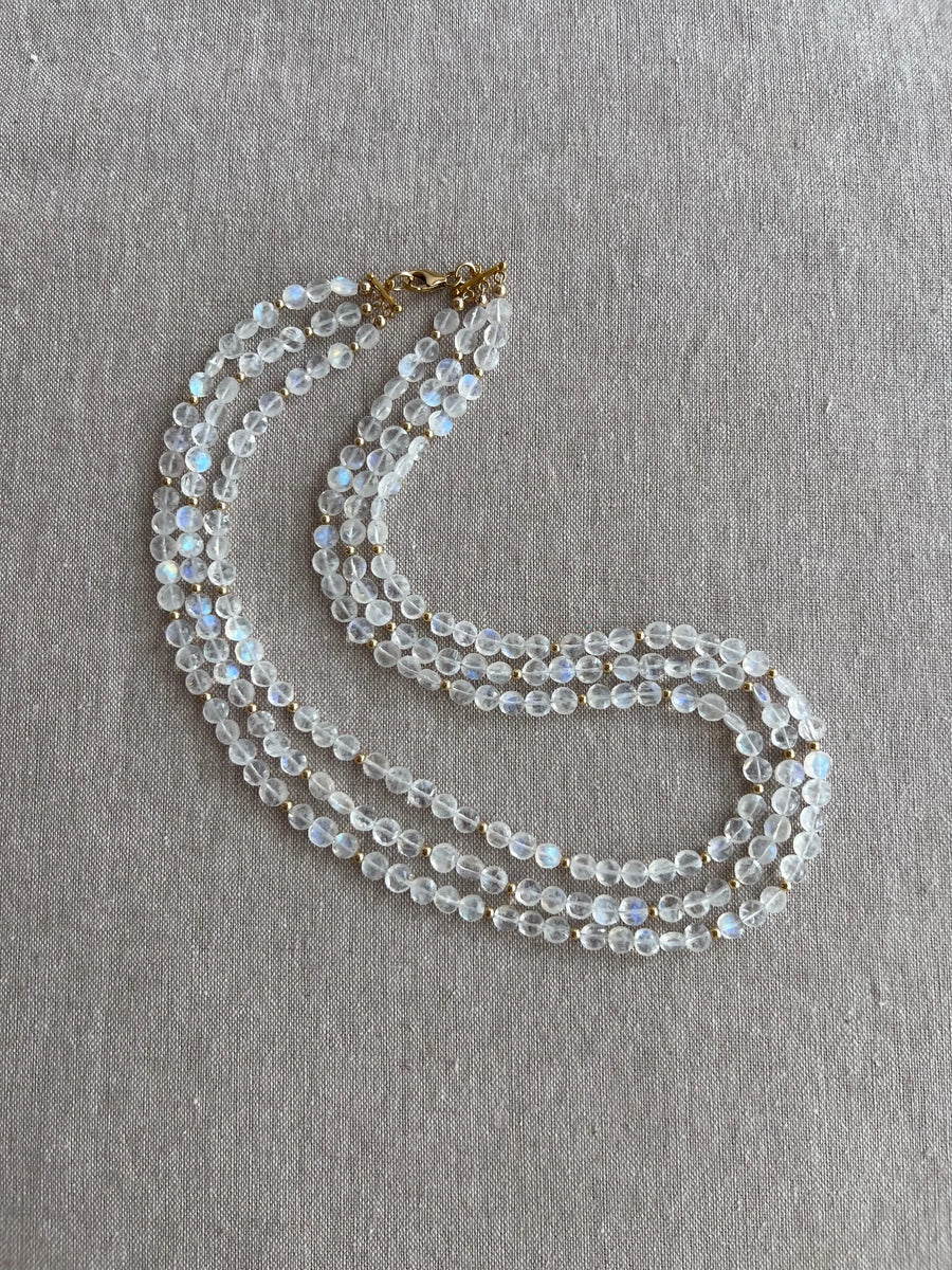 Rainbow Moonstone Triple Strand Necklace, 14k Gold Filled Accents, Boho