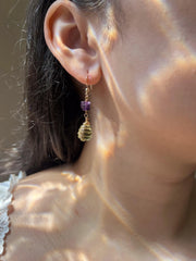 Lemon Quartz and Amethyst Dangle Earrings, Carved Honeycomb Gemstones, Boho Earrings