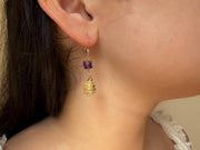 Lemon Quartz and Amethyst Dangle Earrings, Carved Honeycomb Gemstones, Boho Earrings