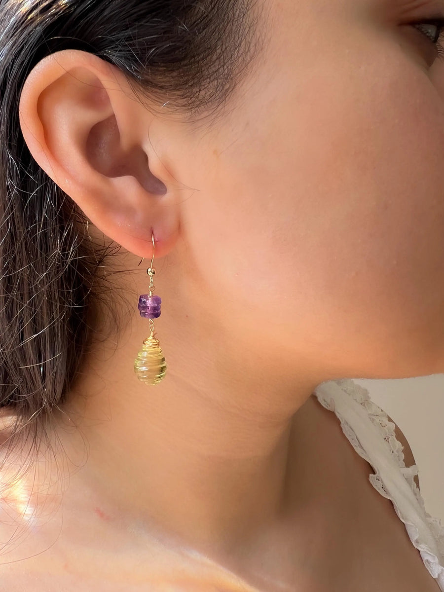 Lemon Quartz and Amethyst Dangle Earrings, Carved Honeycomb Gemstones, Boho Earrings