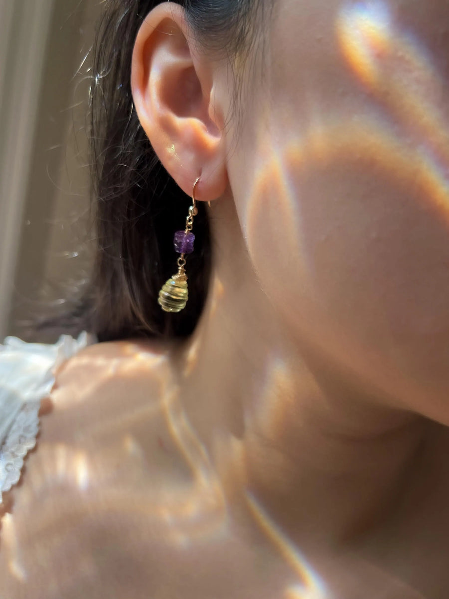 Lemon Quartz and Amethyst Dangle Earrings, Carved Honeycomb Gemstones, Boho Earrings