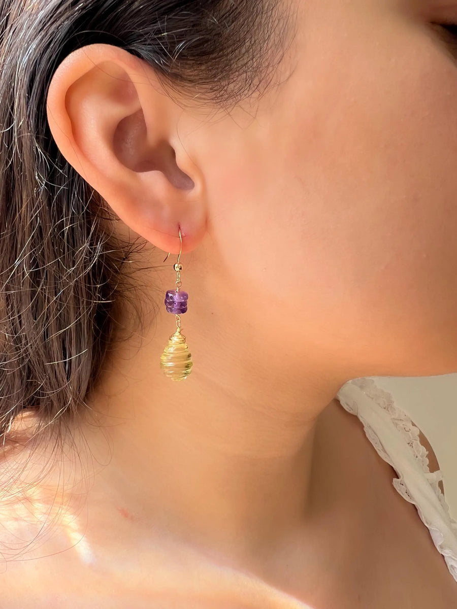 Lemon Quartz and Amethyst Dangle Earrings, Carved Honeycomb Gemstones, Boho Earrings