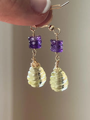 Lemon Quartz and Amethyst Dangle Earrings, Carved Honeycomb Gemstones, Boho Earrings