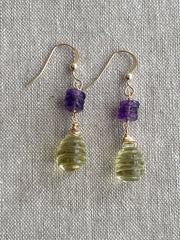 Lemon Quartz and Amethyst Dangle Earrings, Carved Honeycomb Gemstones, Boho Earrings