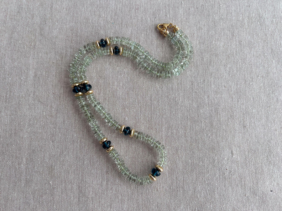 Prasiolite Heishi Necklace, London Blue Topaz Accents, Boho Gemstone Jewelry