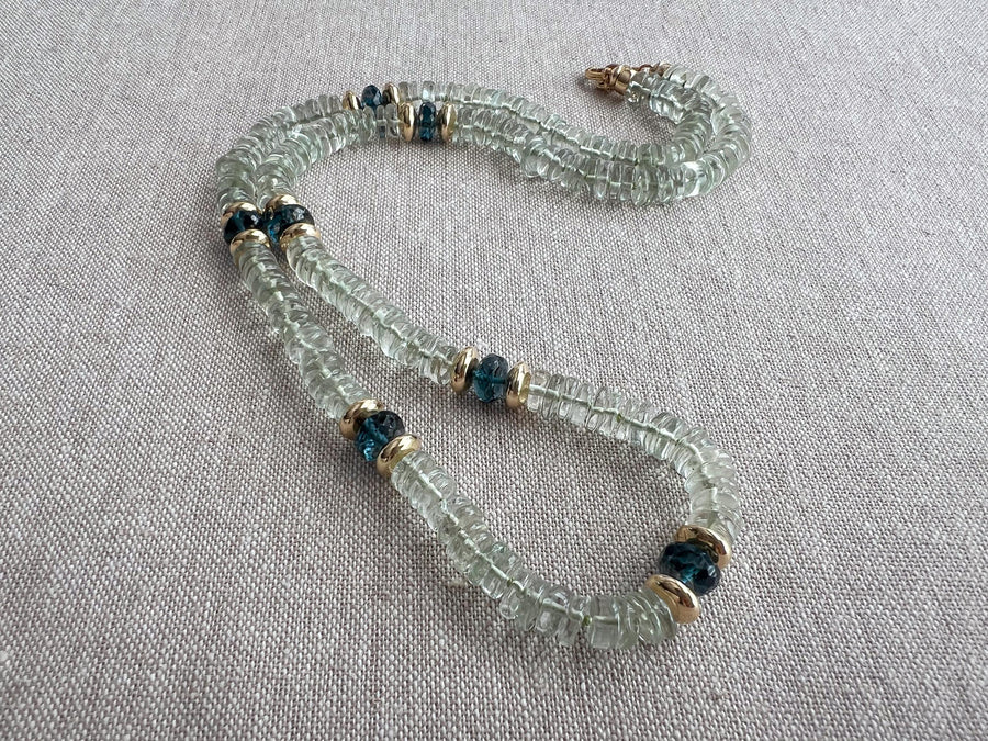 Prasiolite Heishi Necklace, London Blue Topaz Accents, Boho Gemstone Jewelry