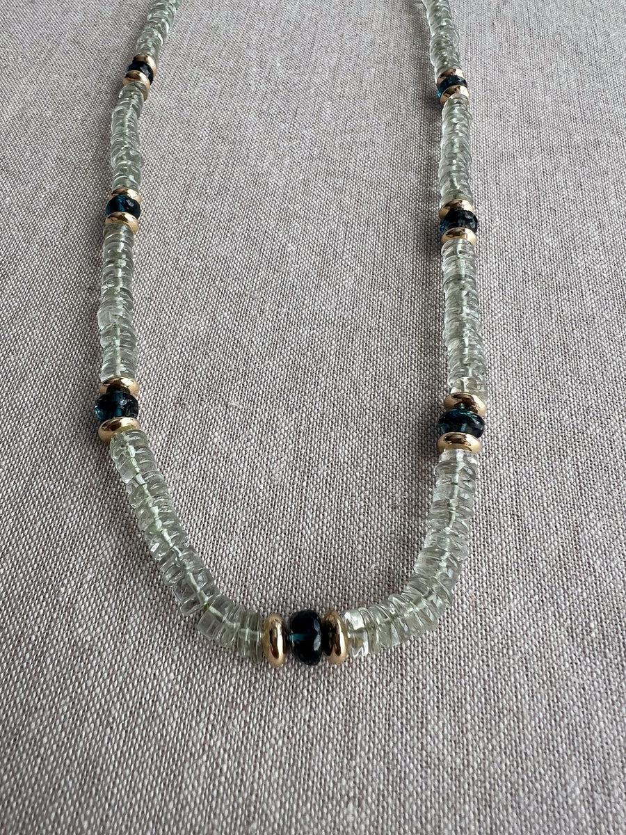 Prasiolite Heishi Necklace, London Blue Topaz Accents, Boho Gemstone Jewelry