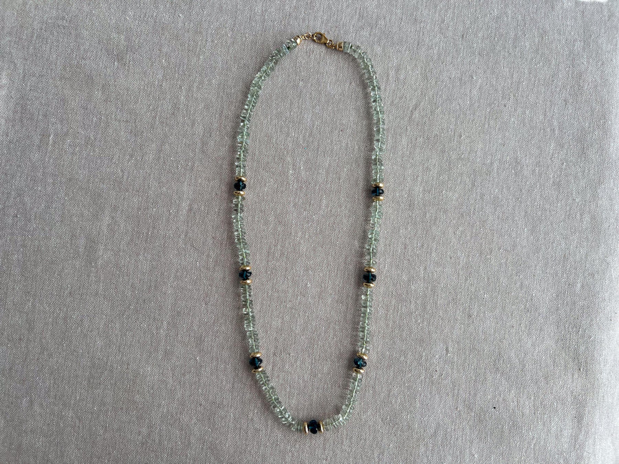 Prasiolite Heishi Necklace, London Blue Topaz Accents, Boho Gemstone Jewelry