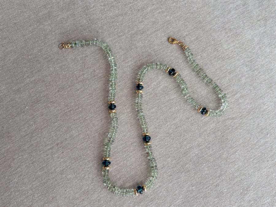 Prasiolite Heishi Necklace, London Blue Topaz Accents, Boho Gemstone Jewelry