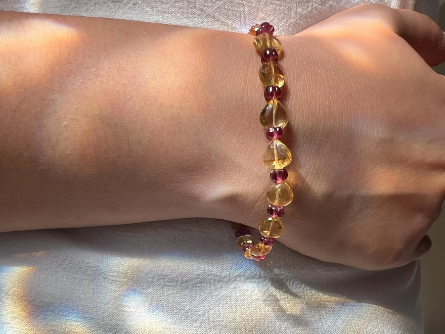 Citrine Hearts Bracelet: Carved Rhodolite Accents, Boho Gemstone Jewelry