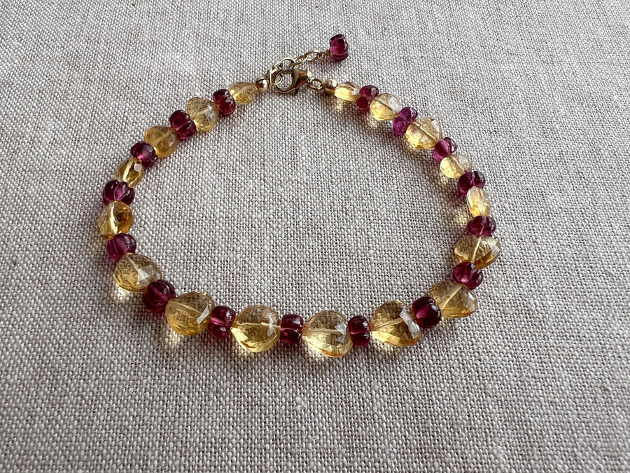 Citrine Hearts Bracelet: Carved Rhodolite Accents, Boho Gemstone Jewelry