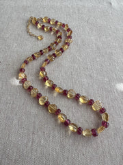 Citrine Heart & Carved Rhodolite Necklace: Boho Gemstone Jewelry