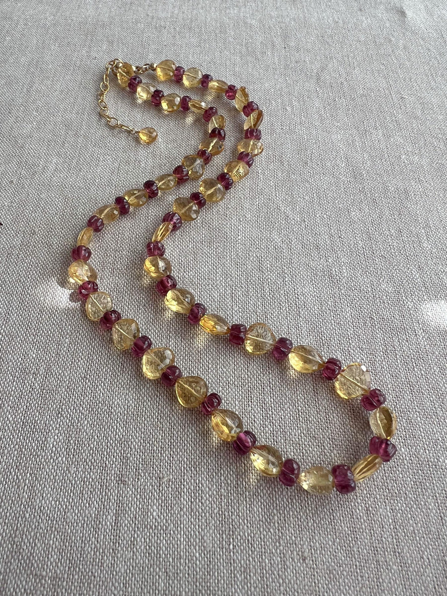 Citrine Heart & Carved Rhodolite Necklace: Boho Gemstone Jewelry