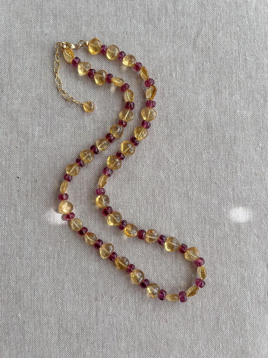 Citrine Heart & Carved Rhodolite Necklace: Boho Gemstone Jewelry