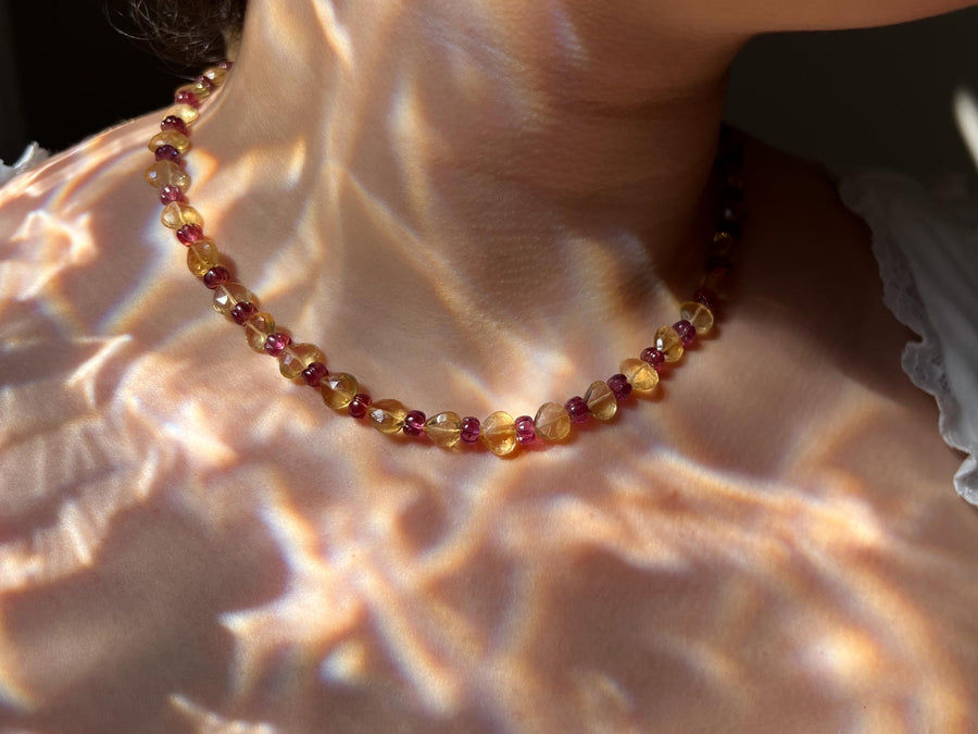 Citrine Heart & Carved Rhodolite Necklace: Boho Gemstone Jewelry