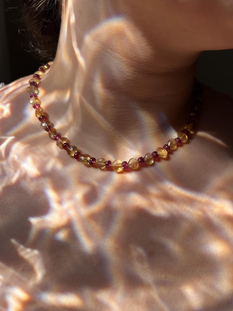 Citrine Heart & Carved Rhodolite Necklace: Boho Gemstone Jewelry